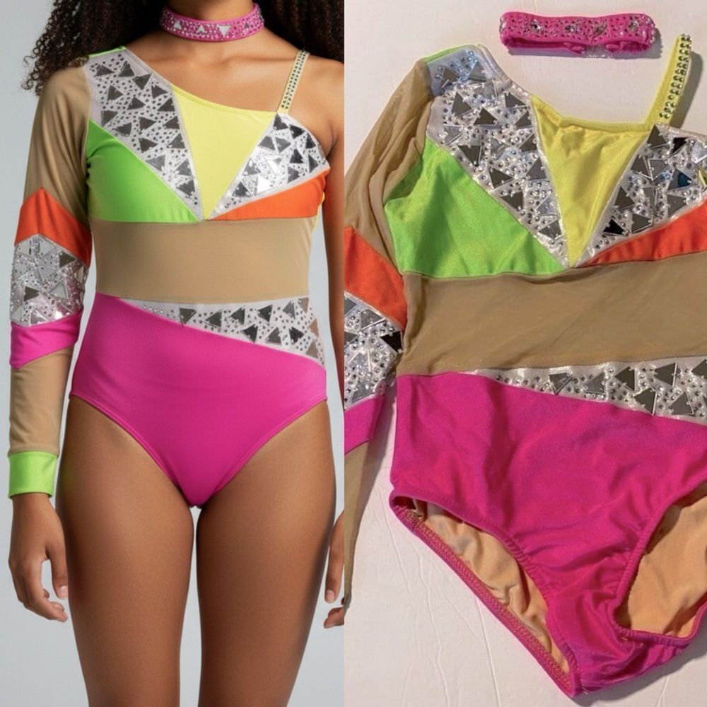 Glamour dance solo leotard costume neon color blocked illusion LC-large child